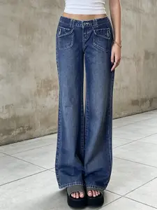 Millennial Style Dark Blue Low Waist Jeans for Women, Vintage Pocketed Denim Long Pants, Loose Fit Casual Wear, All Seasons
