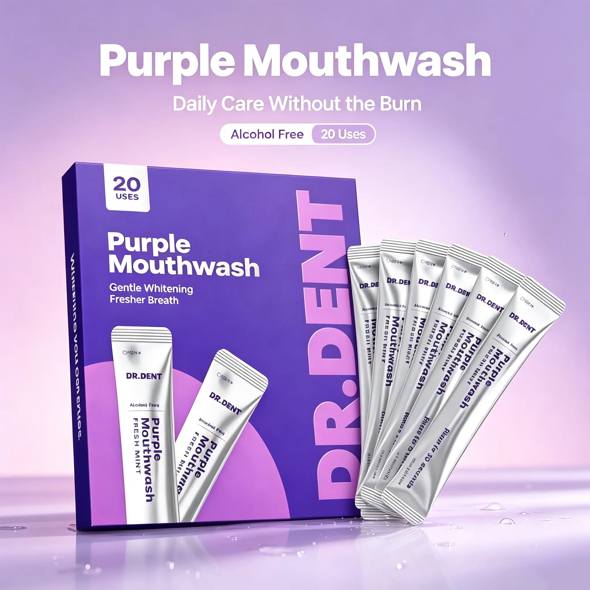DR.DENT Purple Mouthwash Sachets (20 Pack), Alcohol-Free, Peroxide-Free Vegan Mint Oral Rinse, Portable Single-Use On-the-Go Breath Freshener