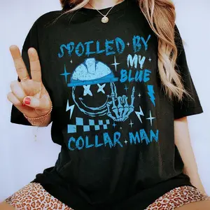 Spoiled By My Blue Collar  Shirt, Wife Life Tee Daily Outfit, Funny Gifts for Blue Collar Wife, Valentine's Day Shirt For Wife, Casual Basic Top, Comfy Fabric Womenswear, Lady's Top Relaxed Fit bule collar