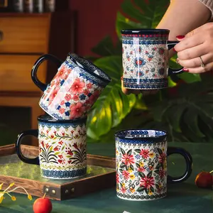 4 Piece  Latte Mug Set, 15.5oz Hand Painted Porcelain Coffee Cups With Handle for Tea/Milk/Cocoa, Ceramic Tazas Para Café Bonitas, Microwave and Dishwash Safe