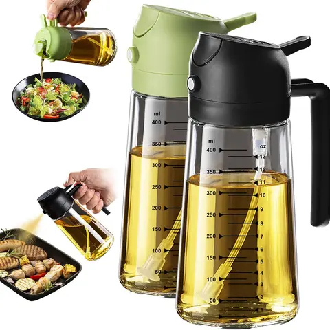 Glass Oil Sprayer for Cooking 2-Pack Set (16oz/470ml) - 2-in-1 Dispenser with Handle, Visible Measurement Markings, Reusable Food Grade Dishwasher Safe Kitchen Gadget for Salad, Frying