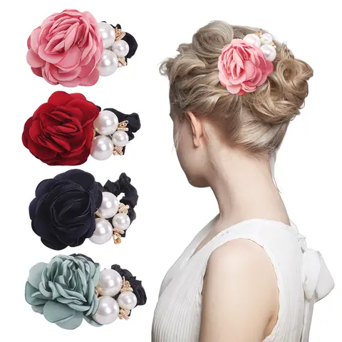 4Pcs Korean Fashion Pearl Hair Rope Rose Flower Rhinestone Hair Ties/ Jewelry Rubber Band Scrunchie Accessory
