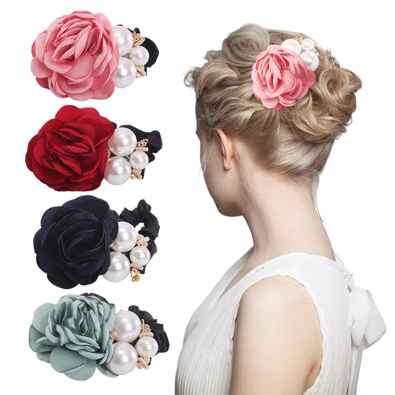 4Pcs Korean Fashion Pearl Hair Rope Rose Flower Rhinestone Hair Ties/ Jewelry Rubber Band Scrunchie Accessory