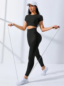 Two-Piece Set Women's Solid Ribbed Crop Top & High Waist Leggings Workout Exercise Set, Sporty Casual Breathable Comfortable Two-piece Outfits for Yoga Gym Running, Ladies Sportswear for All Seasons