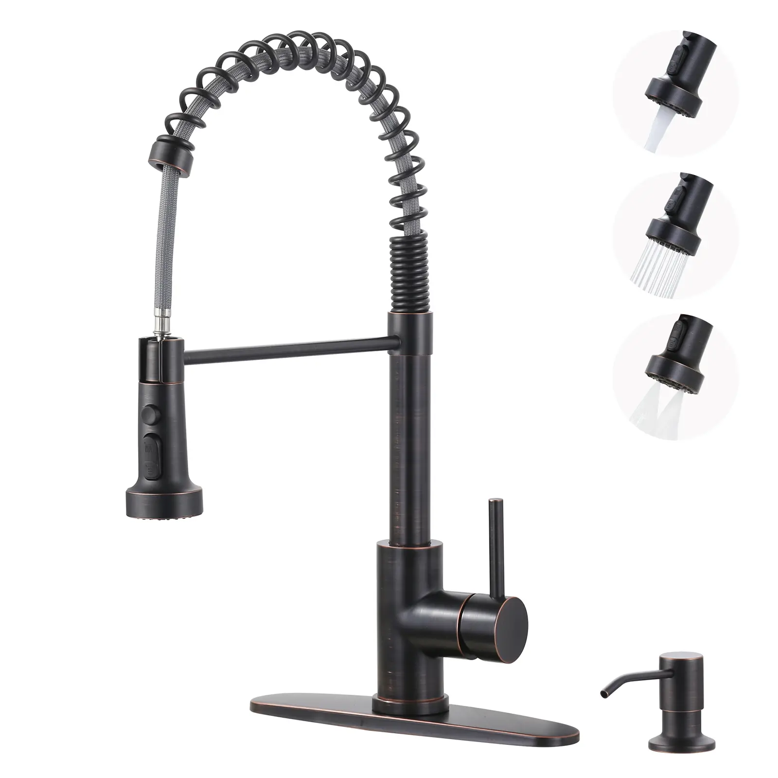 WOWOW Single Handle Kitchen Faucet with Pull Down Sprayer,  3-Mode Stainless Steel Sink Faucet [Soap Dispenser Optional], ORB/Black/Gold/Nickel/Chrome Stainless Steel Faucet with Deck Plate for Farmhouse RV Laundry, Traditional