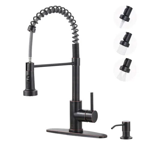 WOWOW Single Handle Kitchen Faucet with Pull Down Sprayer,  3-Mode Stainless Steel Sink Faucet [Soap Dispenser Optional], ORB/Black/Gold/Nickel/Chrome Stainless Steel Faucet with Deck Plate for Farmhouse RV Laundry, Garden, Classic, French Country, Brushe