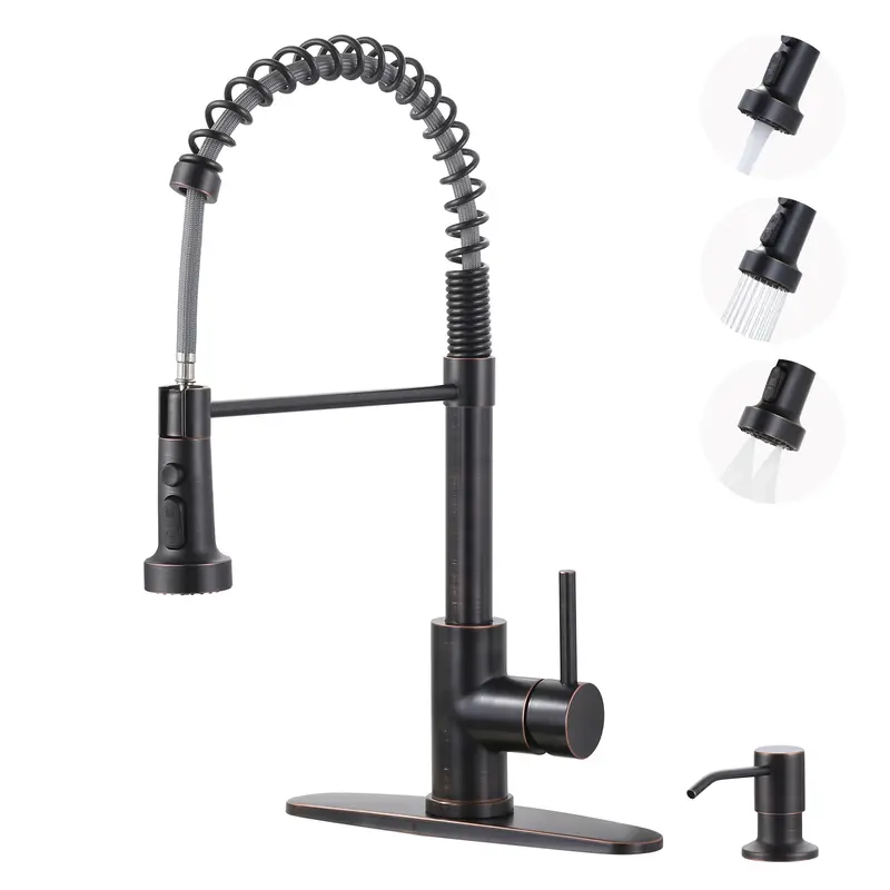WOWOW Single Handle Kitchen Faucet with Pull Down Sprayer,  3-Mode Stainless Steel Sink Faucet [Soap Dispenser Optional], ORB/Black/Gold/Nickel/Chrome Stainless Steel Faucet with Deck Plate for Farmhouse RV Laundry, Garden, Classic, French Country, Brushe