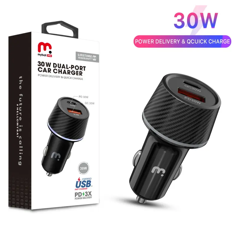 MyBat Pro 30W PD Fast Car Charger - Dual Plug Car-Mounted Charger with Power Delivery, Quick Charge, USB Type-A Port, Black