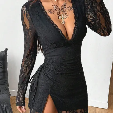 Women's Lace Floral Knit Long Sleeve Deep V Neck Bodycon Dress, Perfect Fit, Adjustable Waist Drawstring, Elegant Slit Hem, Perfect for Dates and Parties