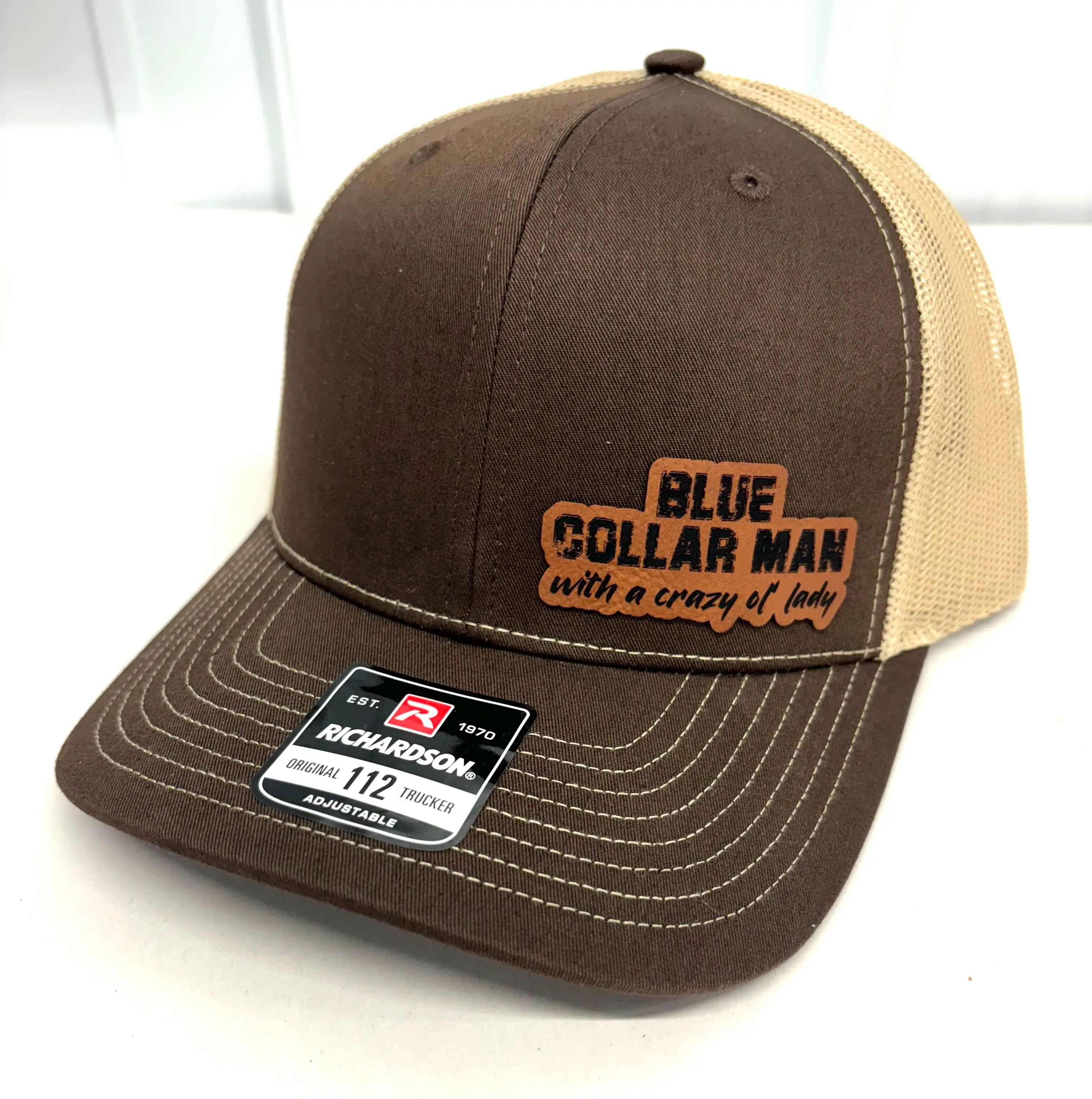 Blue Collar Man Funny Hat – Trucker Cap with Leather Patch Humor Quote Adjustable Gift for Men