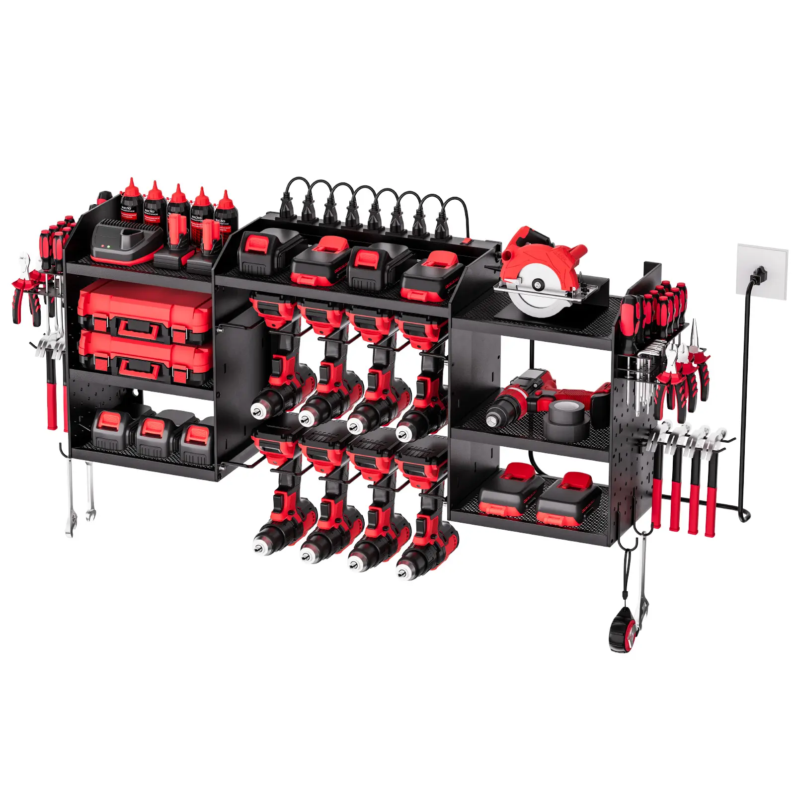 VEVOR 3-Tier Power Tool Rack with Charging Station, Tool Wall Mount, 5.58ft Power Strip, 8 Drill Holders, 8 Outlets, 297 lbs Capacity, 50.89x8.66x16.54in Storage for DIY Lovers' Garage, Workbench