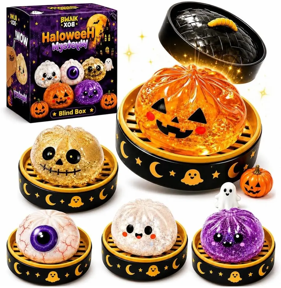 Halloween Slow-Return Mystery Squishy Box,Bun with Steamer,Cute Spooky Silly Face,Halloween Party Favors,Collectible Ghost Shapes; Durable Material (Not Edible), Suitable as or Desktop Decorations