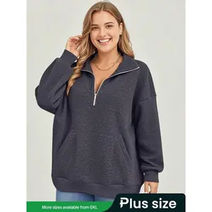 Plus Size Women's Zipper Solid Color Pullover Sweatshirt, Casual Long Sleeve Drop Shoulder Hoodie, Fall & Winter Fashion