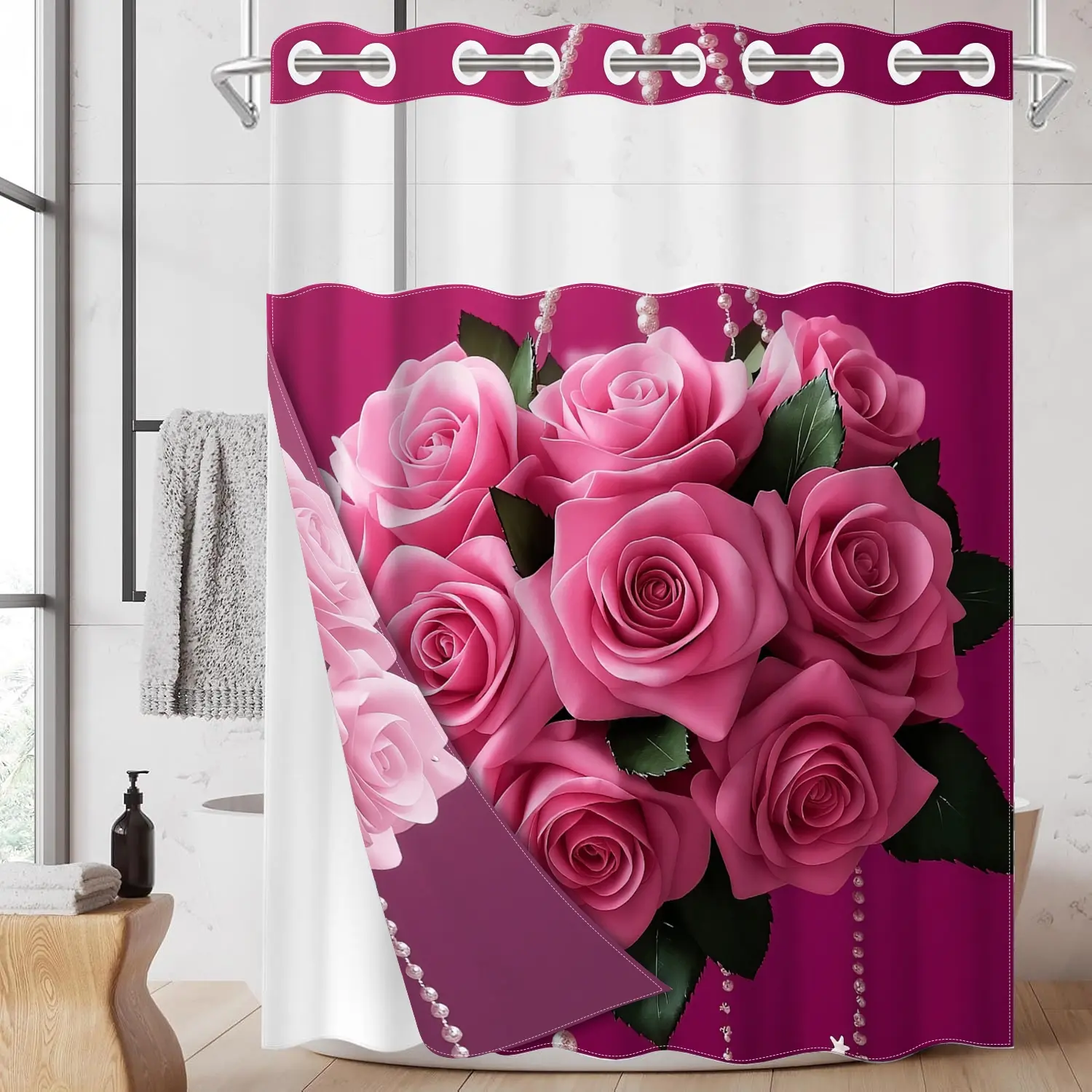 1pc 2D Flat Printing hookless Pretty Floral shower curtain hanger liner Pink Rose Beaded Bouquet Fabric waterproof lining with transparent window, double-layer, 71 x 74 inches, modern home decoration, Bathroom Decoration Accessories