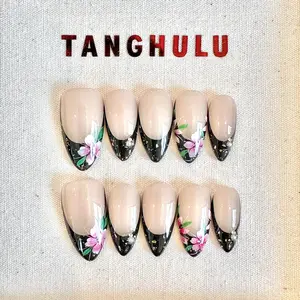Tanghulu Nails-Giveaway/ Midnight Bloom/ Handmade Press On Nails/ Almond/ Medium 21mm