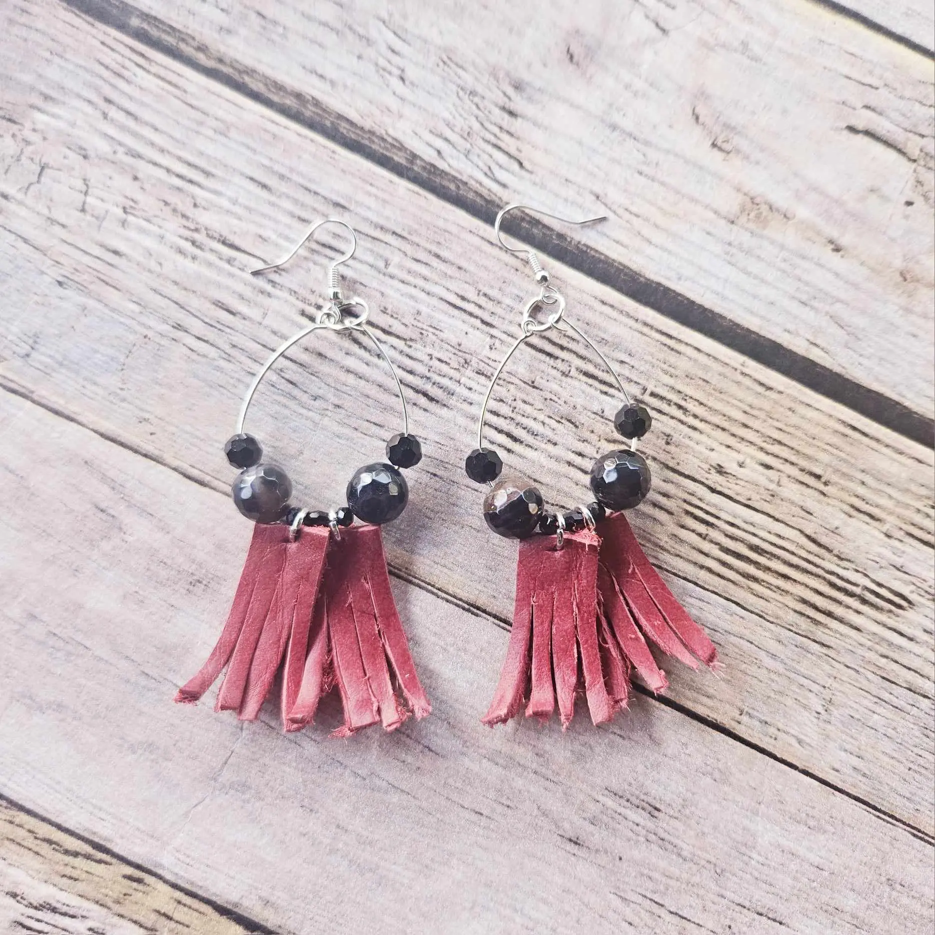 Handcrafted Red Hand-Dyed Leather Fringe Earrings with Pearl Beads