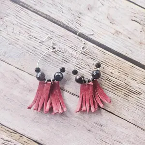 Handcrafted Red Hand-Dyed Leather Fringe Earrings with Pearl Beads