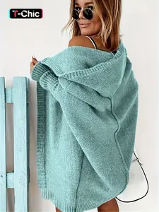 Women's Plain Basic Drop Shoulder Hooded Midi Cardigan Without Top, Casual Chic Fashion Style Long Sleeve Open Front Knitwear for Daily Outdoor Wear, Women Knitwear