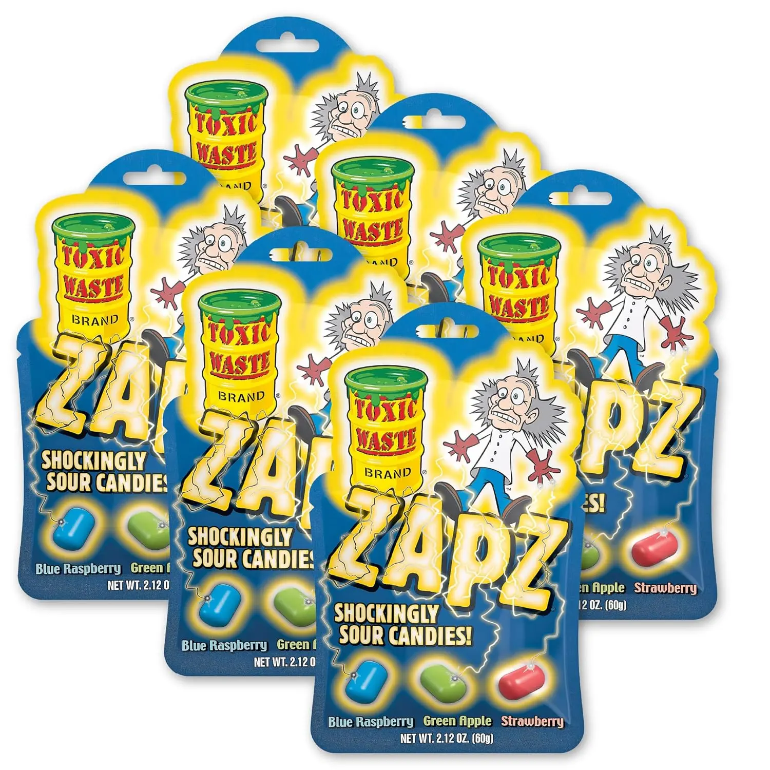 Toxic Waste Zapz Sour Candy – Crunchy Outside, Chewy Center – Blue Raspberry, Green Apple & Strawberry – Extreme Sour Hard Candy for Kids & Adults – Fun Novelty Candy Treat - 1.79oz Bag - 6 Pack