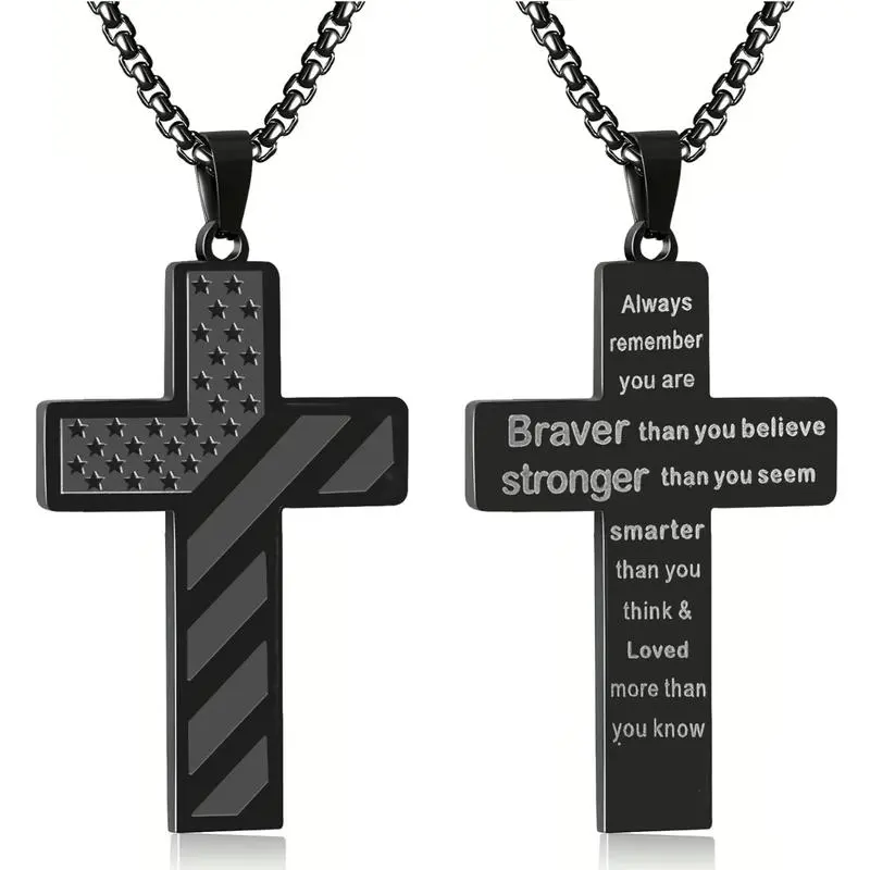 Cross Pendant Necklace for Men Teens Boys, Stainless Steel Bible Verse Flag Jewelry, Patriotic Faith Gift for Graduation, Birthday, Christmas, Easter