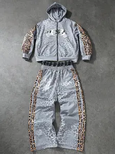 Men's Leopard Print Usa Pattern Sportswear Set, Streetwear Athletic Tracksuit Set, Street Hip-Hop Style, Unique Fashion Design, Casual Fitted Top for Campus Outdoor Daily Wear