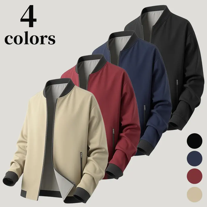 Men’s classic ribbed-collar bomber jacket with full zipper—lightweight, windproof casual outerwear for spring/autumn; lightweight pilot jacket with ribbed collar and full zipper, windproof layering jacket for men