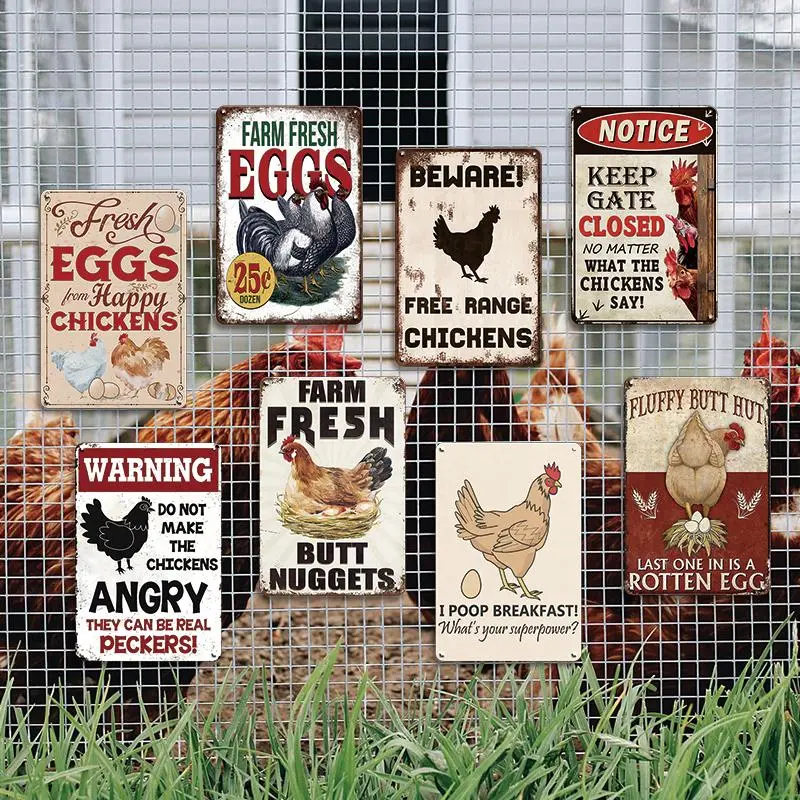 Chicken Coop Pattern Vintage Rustic Farmhouse Design Metal Tin Sign, 8 Counts/set Wall Hanging Poster, Retro Art Home Decor Plaque, Funny Chicken Farmhouse Indoor & Outdoor Decoration, Home Decor Products