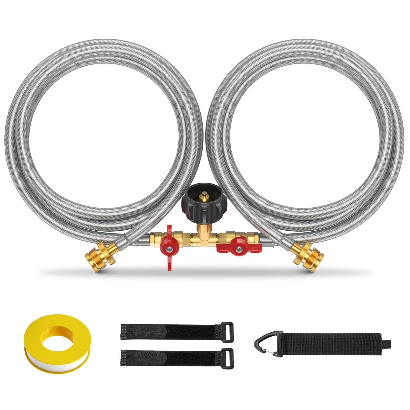 Alloxity 2-Way Y Splitter Adapter with Rubber Braid for Outdoor Camping Portable Grill, Flame-Retardant, 5FT Fixed Length Soft Tubing, 1lb-20lb Tank Conversion, 350 PSI Max, Dual Shut-Off Valves, Multiple Accessories, 12-Month Support, Money Saver