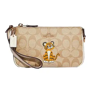 COACH Nolita Classic Logo Cartoon Print Coated Canvas and Pebbled Leather Small Clutch for Women in Khaki White