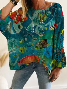 Women's Knitted Long Sleeve Top, Casual Elegance Commute Wear, Cartoon Print Design, Perfect for Spring Summer Fall Winter Seasons