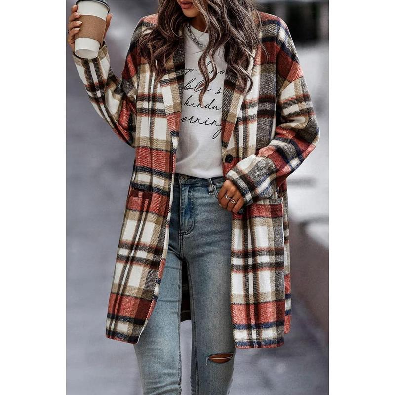 Women Plaid Shacket Jacket Trendy Fall Casual Button Wool Blend Tartan Trench Coat Winter Clothing with Pockets Women Plaid Shacket Jacket Trendy Fall Casual Button Wool Blend Tartan Trench Coat Winter Clothing with Pockets