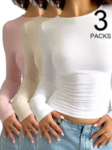 Women's 3-Pack Slim Fit Long Sleeve Crop Tops Buttery Soft Stretchy Modal, Crew Neck Ruched Waist Basic Layering Tees, Casual | Perfect for Daily Wear & Going Out | Multi-Color Sets: Pink/Beige/White, Black/Grey/Beige, Lilac/Beige/Pink Womenswear