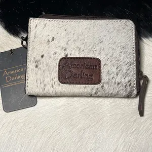 American Darling Cowhide Wallet with Zipper Closure and Brown Leather Patch