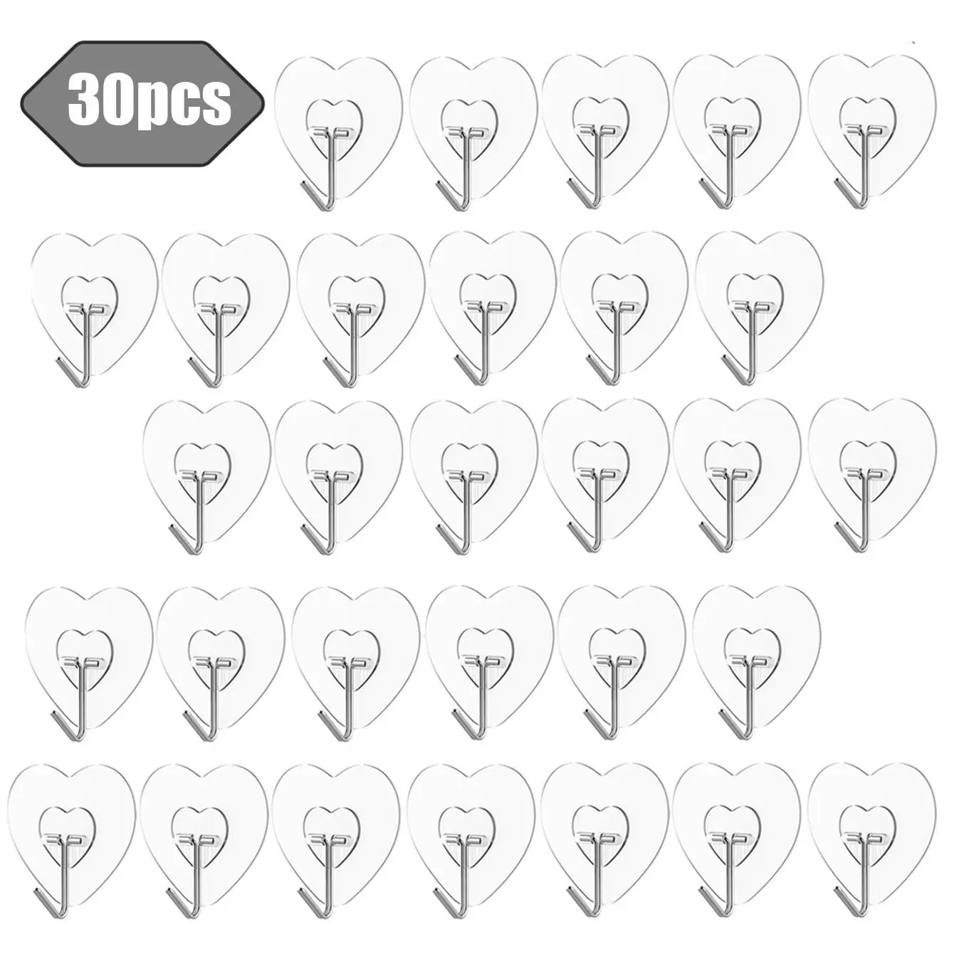 Heart Shaped Wall Mounted Hook, 30pcs/set Clear Self Adhesive Hook, Multifunctional Hook for Kitchen Bathroom Home, Bathroom Organizing Accessories, Home Organizer, Room Organizer, Space Saving Organizer, Adhesive Wall Hooks