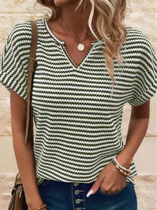 Stripe Textured Knit Notched Neck Cuffed Short Sleeve Top,  The Notched V-Neck Design and Cuffed Sleeves add Unique Charm.