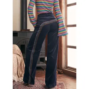 ModCloth Rainbow With Me Corduroy Flare Leg Pants with Embroidery - Navy Blue (2-26W)