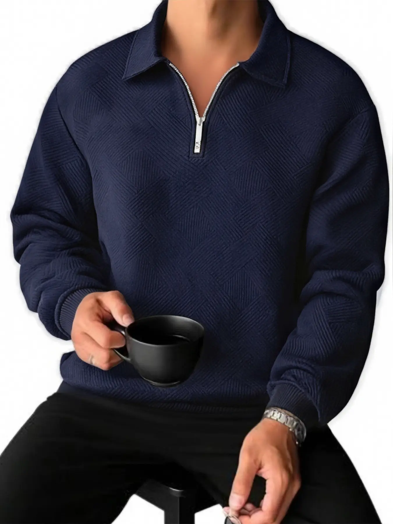 Men's casual Relaxed Fit Long Sleeve polo shirt, with a collar opening and a half zipper, featuring fishbone patterned jacquard knit fabric, in a hoodie style, suitable for both vacation and daily wear, Casual Golf Polo, Menswear