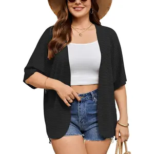 Plus Size Crochet Cardigan Open Front Summer Short Sleeve Cardigans Oversized Lightweight Kimono Cover Up