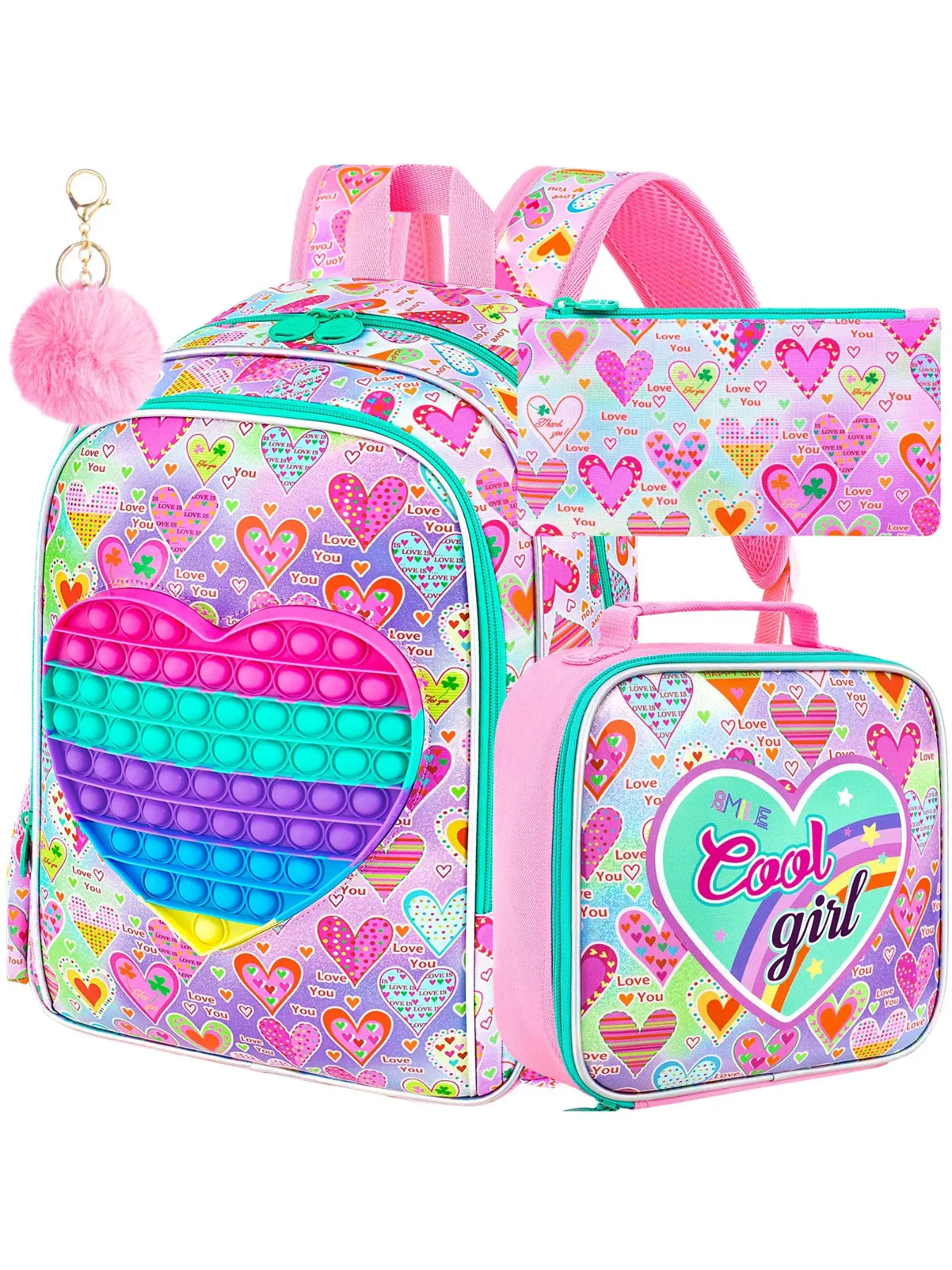 3PCS Kid Backpacks for Girls, 16" Kids Backpack with Lunch Box, Girl Bookbag for School Elementary, Backpack Heart, Backpack Set, Cute Daypacks