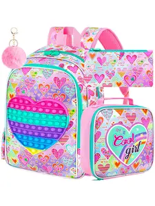 3PCS Kid Backpacks for Girls, 16" Kids Backpack with Lunch Box, Girl Bookbag for School Elementary, Backpack Heart