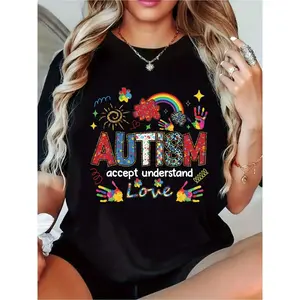 Wo  Autism Acceptance  Graphic Tee - Black Casual Crew Neck Short Sleeve Shirt with Rainbow and Handprint Design   Perfect for Spring and Summer, Allseason Top, Playful Print, Comfortable Fit, Au