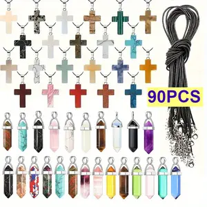 90Pcs/Pack 45Pcs Natural Stone Pendant (Cross&Hexagonal Pillar) + 45Pcs Black Necklace Set, Suitable for Necklace and Bracelet Making, Suitable for Daily Wear, Beach Vacation Accessories
