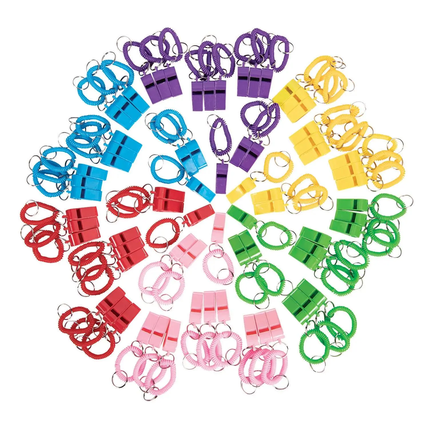 72-Pc Bulk Whistle Keychains (4" Size) - Durable Flexible Plastic, Classic Solid Color Designs, Coil Wristbands, Sound Alert, for Birthday & School Party Use - Oriental Trading Company Collectibles Sports Key Chains