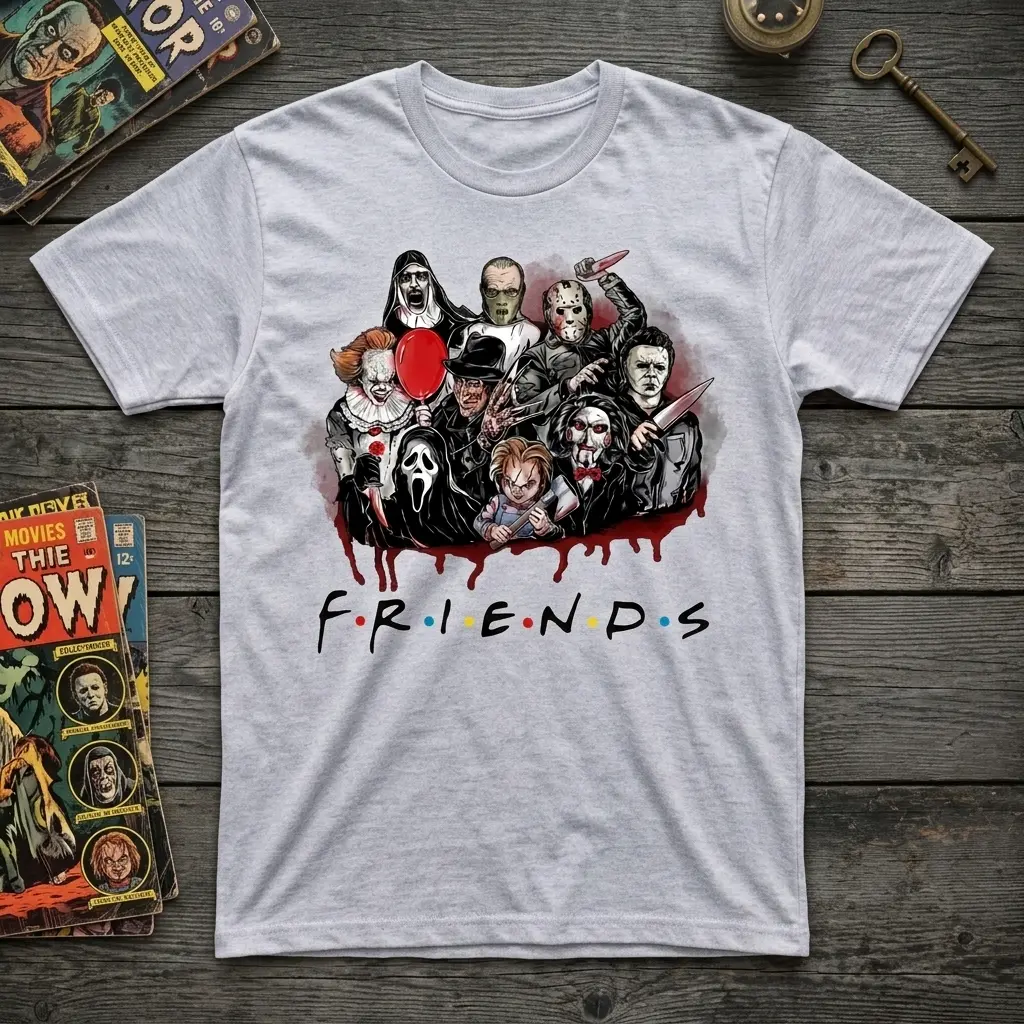 Horror Movie V2 Friends Tee | Classic Horror Characters Graphic T-Shirt, Funny Tshirt, Spooky Friends Graphic Tee