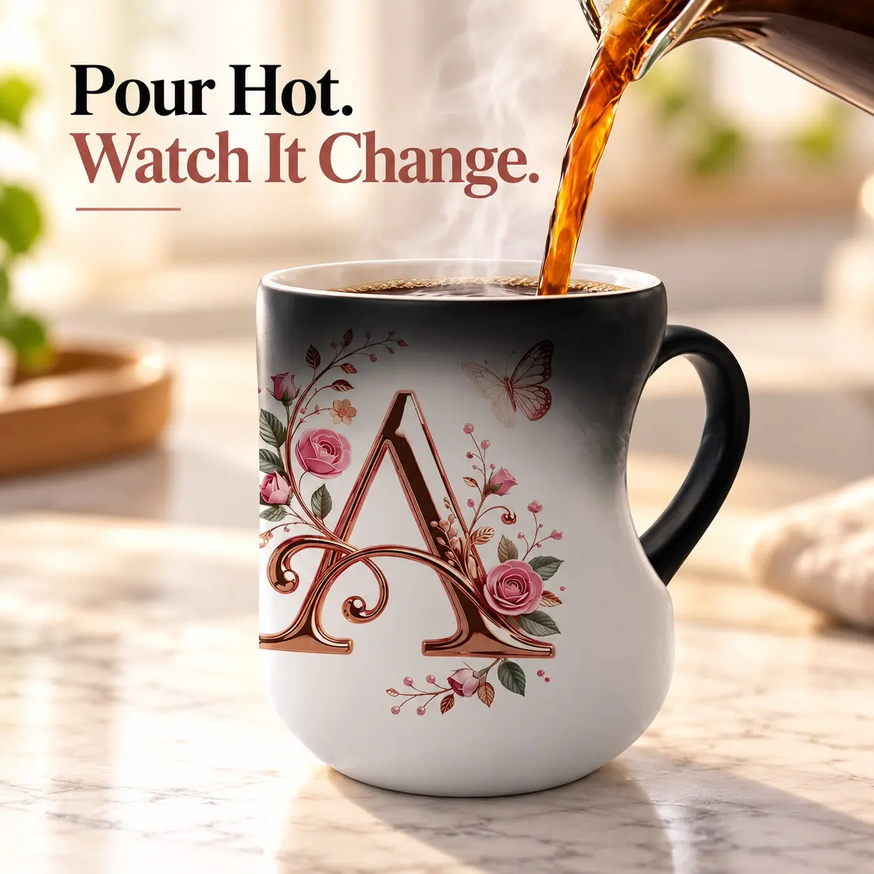 Stylish Heat-Activated Color-Changing Beverage Cup, Floral Initial & Rose Gold Design Washable Drink Mug, 1-Count Indoor Recreation Gift for Friends and Family