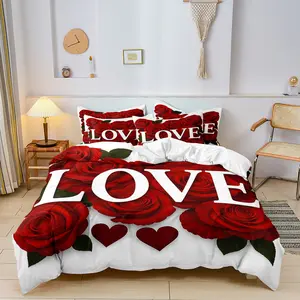 3pcs Valentine'S Love Roses Day Applicable Love Letter Pattern Duvet Cover Set, Bedding Set, Soft And Comfortable Decorative Duvet Cover, Suitable For Bedroom, Guest Room 1*Duvet Cover +2*Pillowcase, Without Core