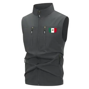 Mexican Flag Print Men's Outdoor Sports Vest with Zipper Pockets, Fall Winter Windproof Stand Collar Sleeveless Jacket, Lightweight Softshell Zip Up Vest Outerwear for Hiking Running Golf