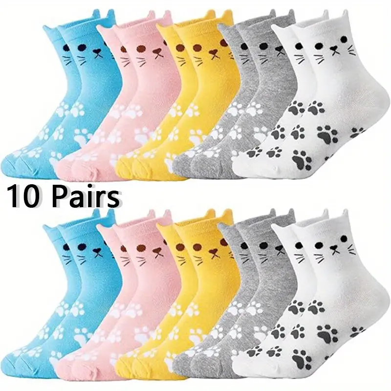 10 Pairs Women's Cartoon Cat Knitted Crew Socks - Animal-Themed, Cartoonish, Character-Themed, Multicolored Knits Mid-Calf Socks, Soft, Breathable, Thick Comfy for Cat Lovers, Animal-Themed Mid-Calf Socks