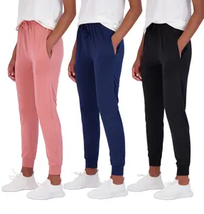 Real Essentials 3 Pack: Womens Dry-Fit Active Soft Lightweight Lounge Jogger Pants with Pockets (Available in Plus Size)