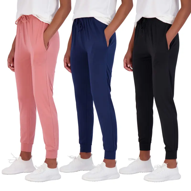 Real Essentials 3 Pack: Womens Dry-Fit Active Soft Lightweight Lounge Jogger Pants with Pockets (Available in Plus Size)